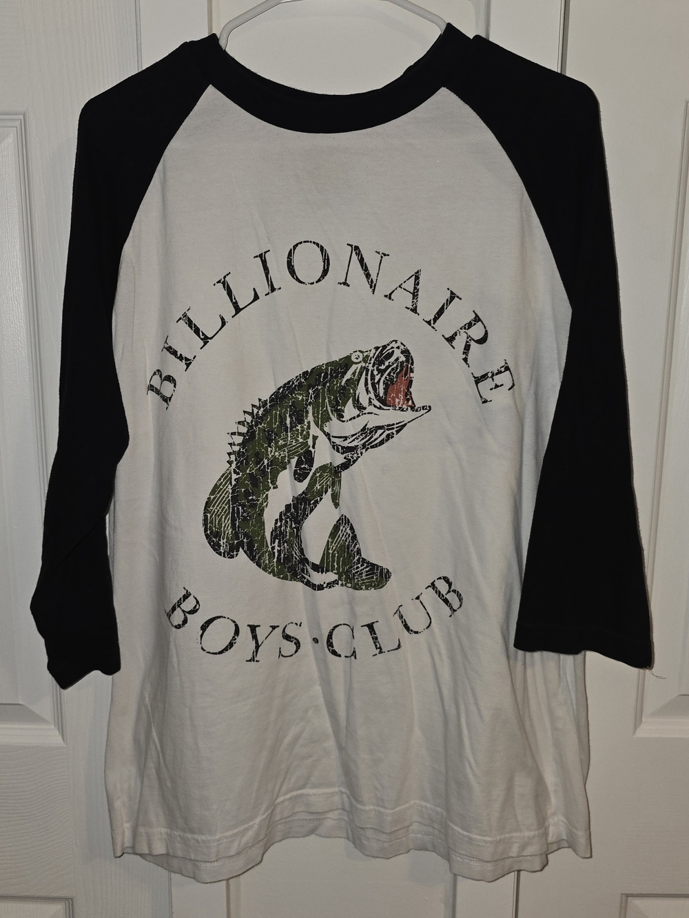 Billionaire Boys Club White Tee with Black Raglan Sleeves and Fish Graphic